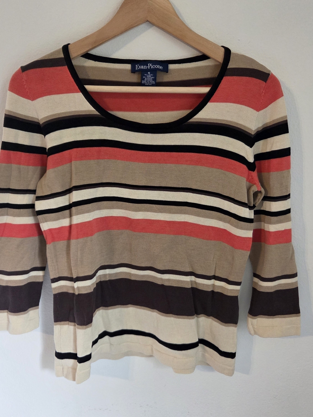Evan Picone Striped Scoopneck Sweater Silk 90s Vintage S Y2K 00'S 3/4 sleeve